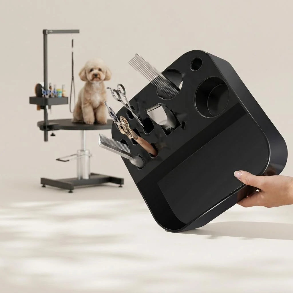 Grooming tool caddy shown with scissor slots and tool holes from above