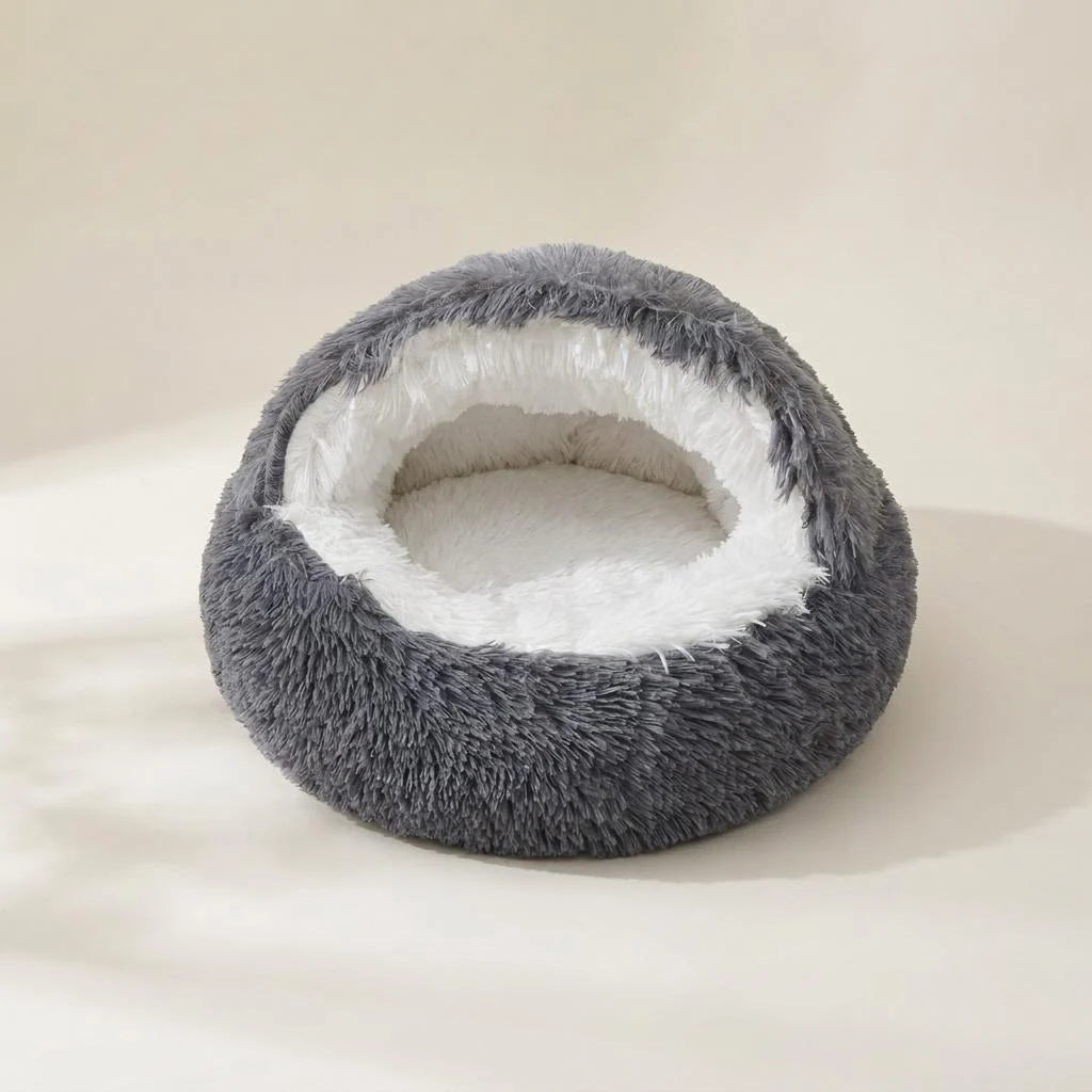Dark grey donut cat bed with a non-collapsing half-cave hood
