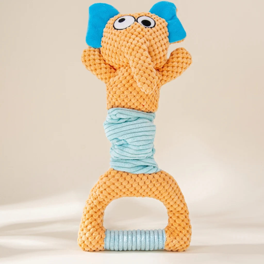 Squeaky plush elephant dog toy with crinkle ears and a stretchy tug rope body