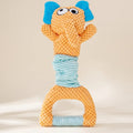 Squeaky plush elephant dog toy with crinkle ears and a stretchy tug rope body