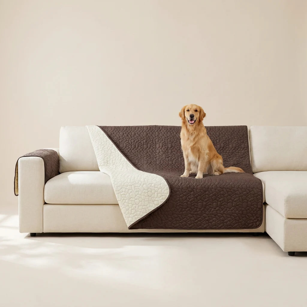 Waterproof pet blanket shown covering a sofa to protect against hair and spills