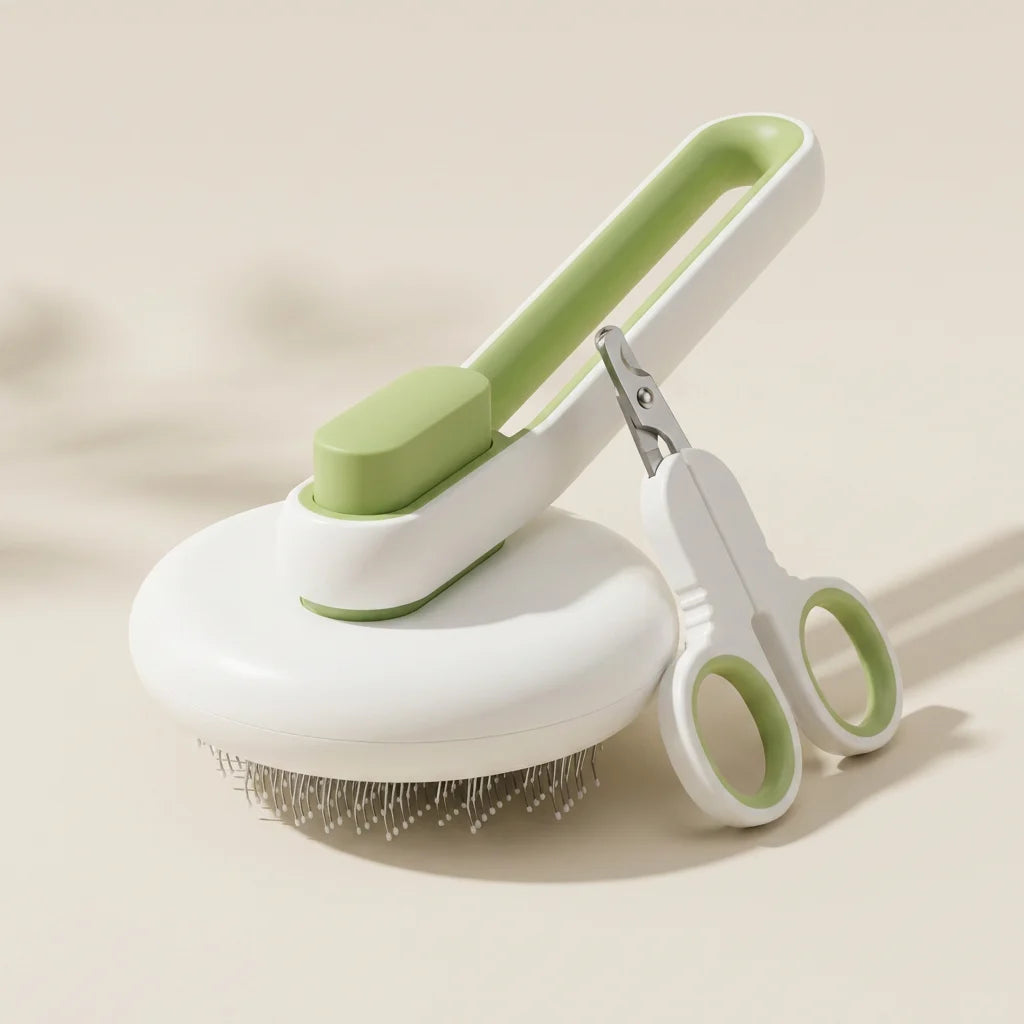 Green self-cleaning slicker brush and matching pet nail clippers on a neutral background