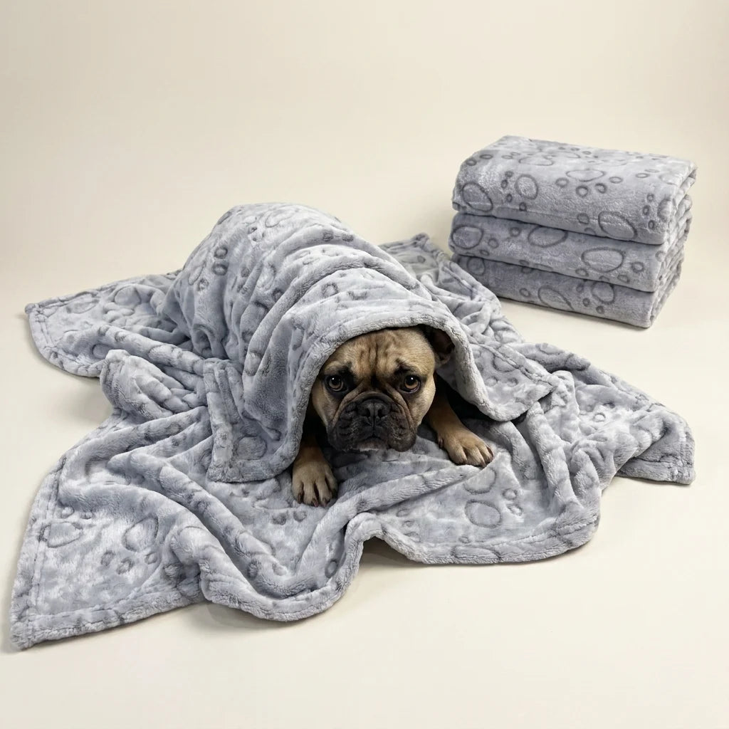Grey flannel pet blanket spread flat showing the reversible paw print surface