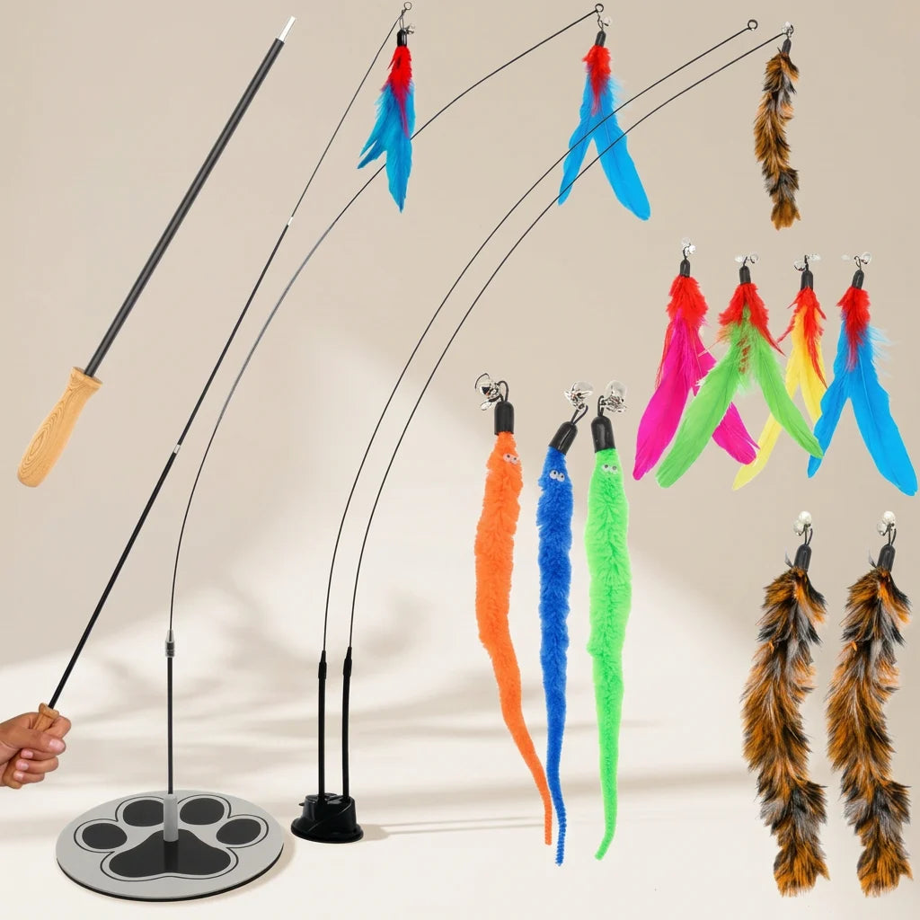 Cat wand toy set with suction cup base, extendable pole, feather and worm attachments