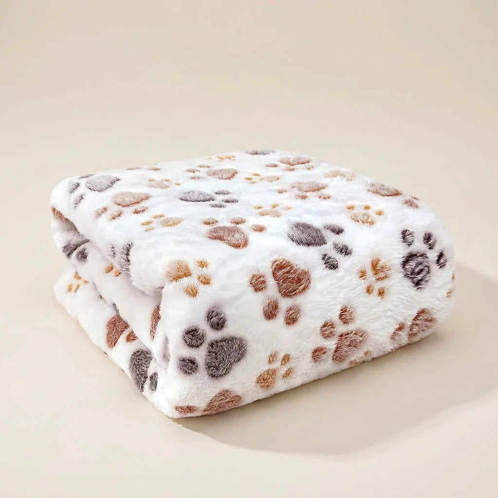 Large white coral velvet pet blanket with paw print, 60 by 50 inches