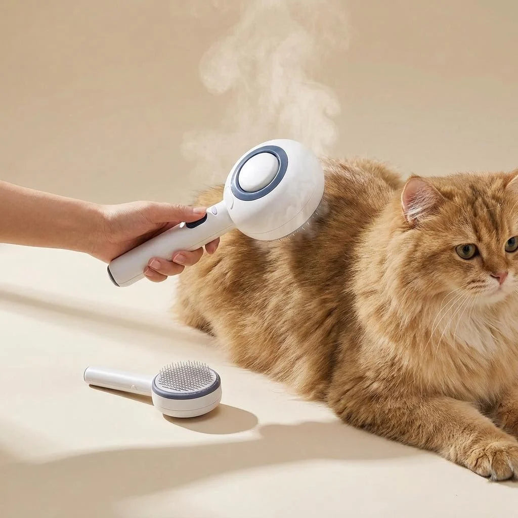 Long-haired ginger cat being groomed with the steam brush, second brush head resting alongside
