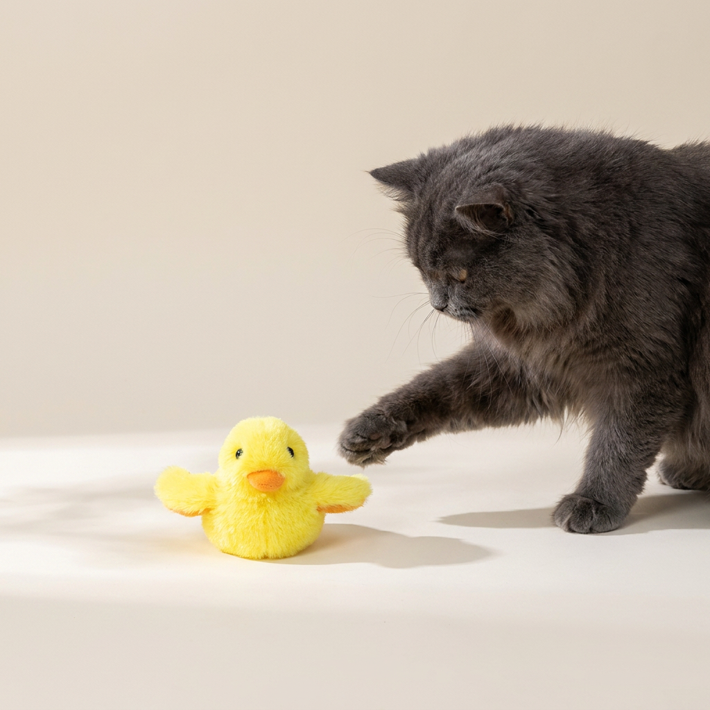 Automatic duck cat toy shown with its USB charging cable and catnip pack
