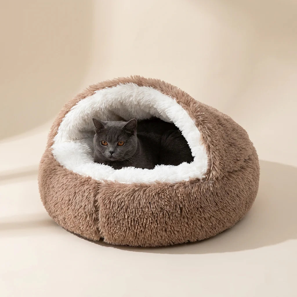 Hooded cuddler bed showing the raised bolster sides and burrow opening