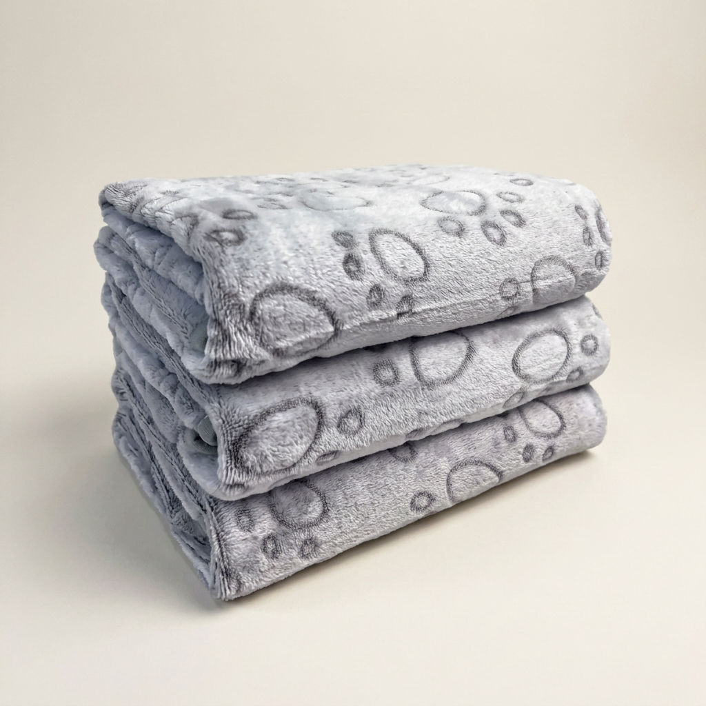 Three grey flannel pet blankets with paw print, folded in a stack