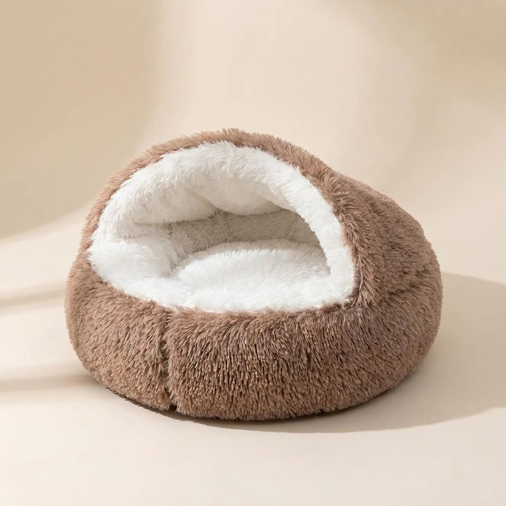 Brown hooded cuddler pet bed with an attached soft blanket hood